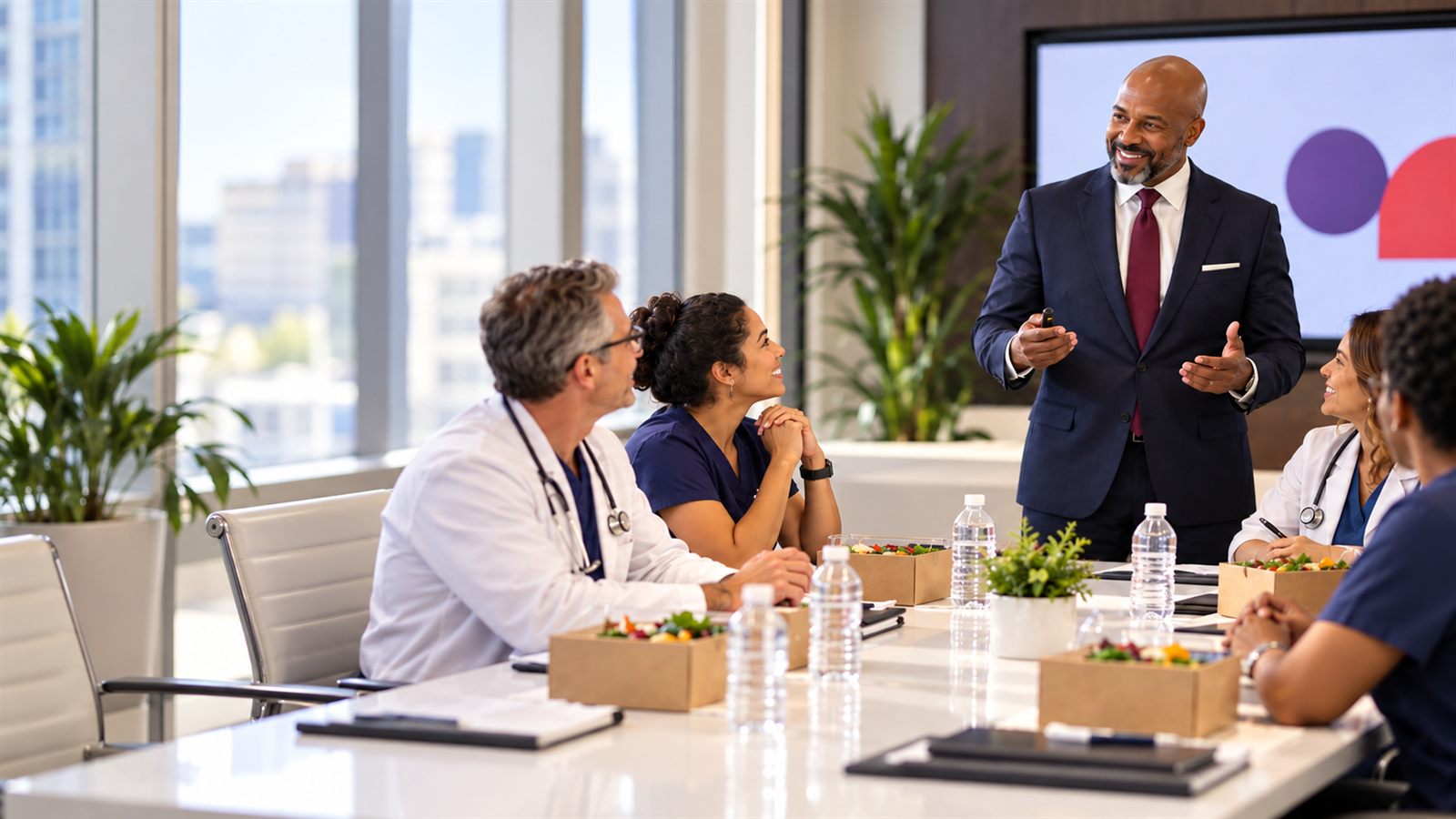 Presenter leading a lunch and learn session for physicians and medical staff around a conference table