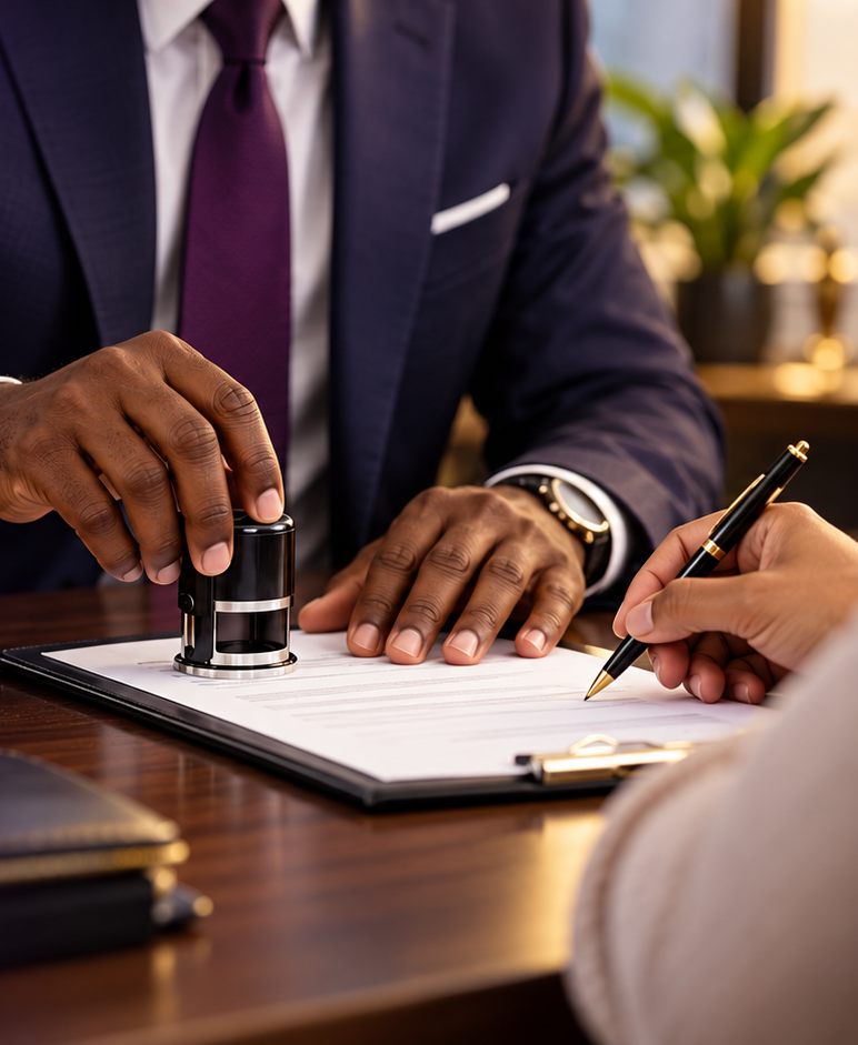 Notary public stamping a document while a client signs