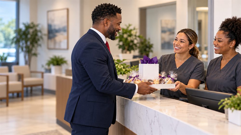 Representative delivering a gift of treats to smiling front-desk staff at a medical office